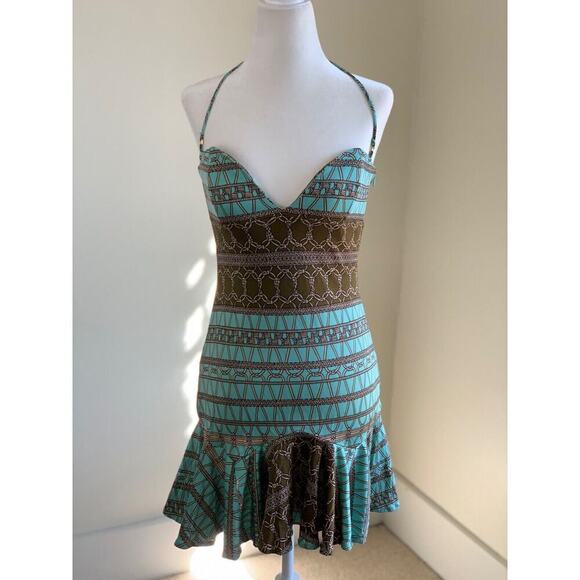 Mara Hoffman Silk Ruffle Halter Mini Dress Sz S Blue Metallic Chainlink Mobwife - Picture 1 of 11